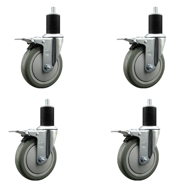 5'' SS Gray Poly Swivel 1-3/4'' Expanding Stem Caster Set Total Lock Brake, 4PK